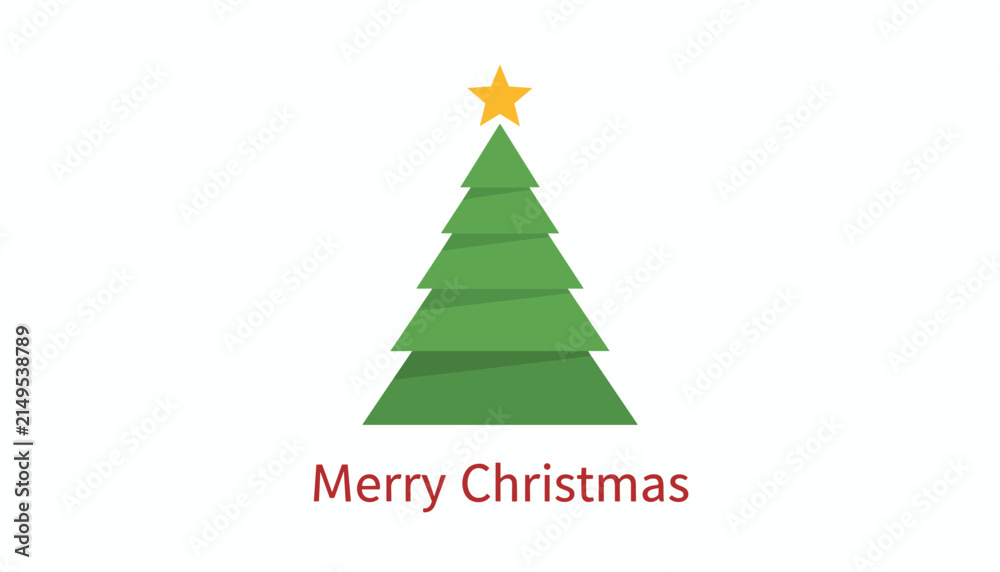Fototapeta premium Minimalist geometric Christmas tree design with a golden star on top and festive holiday text at the bottom.