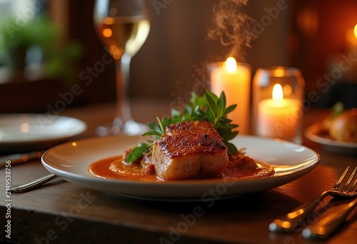 Candlelit Bistro Ambiance Featuring Exquisite Duck Confit with Crispy Golden Skin in Luxurious Setting