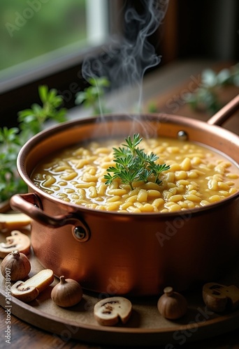 Copper Saucepan Creamy Risotto Mushroom Parmesan Culinary Artwork Detailed Close-Up