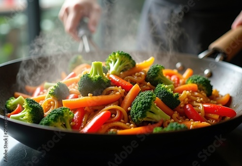 Dynamic Vegetable Stir Fry in Steaming Wok Colorful Mix of Fresh Ingredients Sizzling Aromatic Clouds