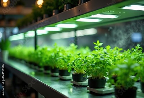 Elegant Hydroponic Herb Growth in Modern Restaurant Environment Under Soft Glow Lighting