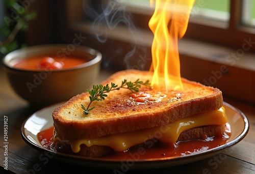 Golden Grilled Cheese Meltdown Beneath Dancing Flames and Red Velvet Tomato Soup
