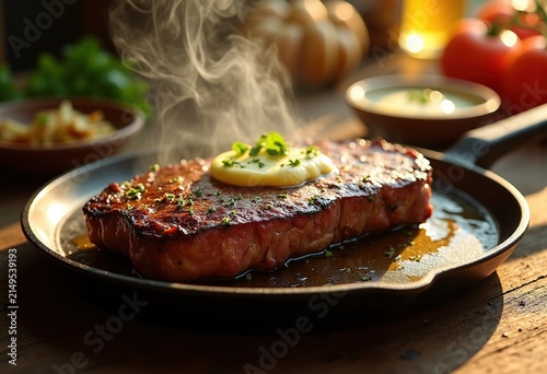 Grilled Steak Infused with Herb Butter Richness on Cast Iron Platter Rustic Fiery Glow