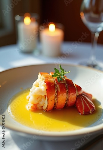 Indulgent Lobster Tail Elegantly Drizzled in Butter Lavish White Linen Culinary Canvas.