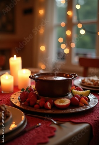 Intimate Chocolate Fondue Romantic Table Fruit Dipper Delight Warm Glow Atmosphere