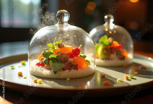 Innovative Molecular Gastronomy Vegetables Encapsulated in Glass Cloche Michelin Star Artistry