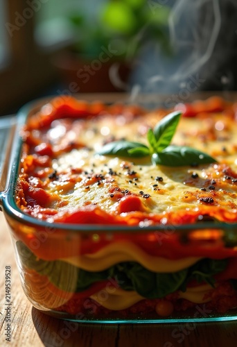 Layers of Vegetable Lasagna Featuring Creamy Ricotta Cheese in Clear Glass Dish Warm Comforting Italian Cuisine