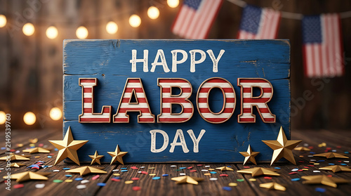 Rustic wooden sign with Happy Labor Day text and American flag decorations
