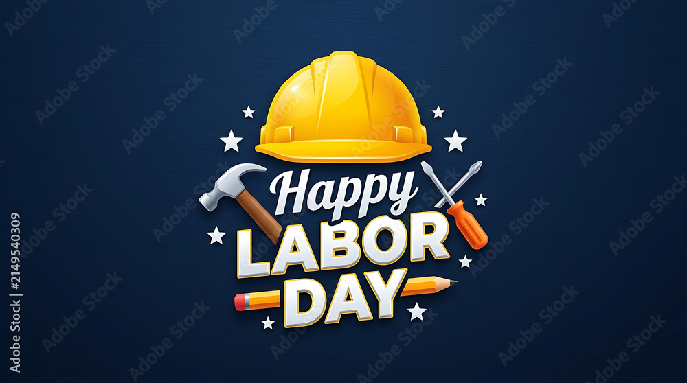 Fototapeta premium Happy Labor Day typography with construction tools and hard hat