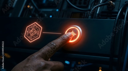 A close up view of a human finger pressing a glowing orange start button on industrial machinery equipment