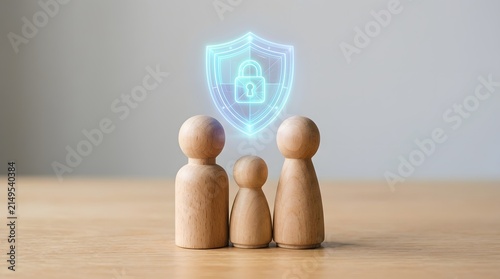 Wooden figures representing a family protected by a digital shield icon representing cybersecurity and online safety concepts