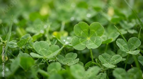 A close up macro shot of green clover leaves with small dew drops in a lush spring garden meadow