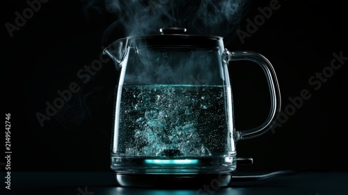 Glass kettle boiling water generating steam and bubbles