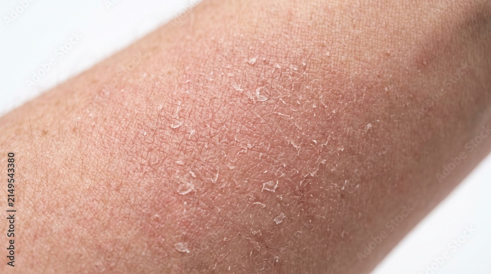 Fototapeta premium Macro shot of dry peeling sunburnt human skin on arm
