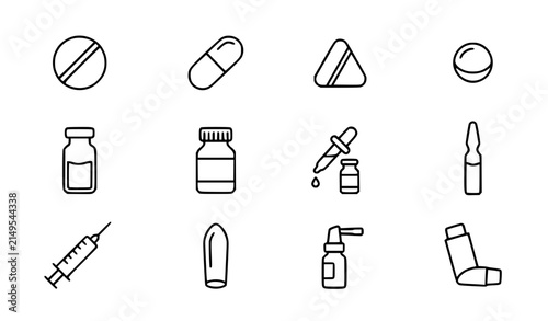 Принти на полотні Pharmaceutical Medicine Dosage Form Outline Icons Healthcare Vector Set