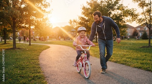 Loving father assisting young daughter riding a pink bike on a park trail