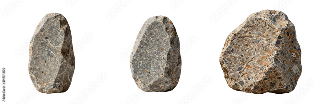 Obraz premium Three conglomerate rock specimens of varying shapes and sizes shown on a black background