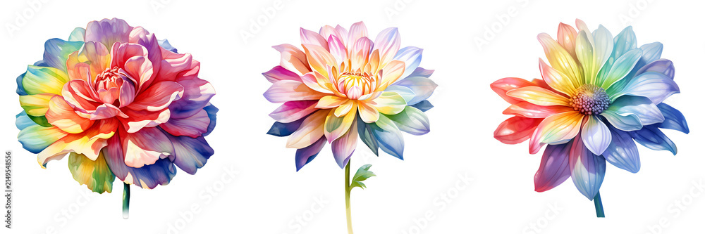 Fototapeta premium Watercolor dahlias showcase a vibrant spectrum of colors against a black background