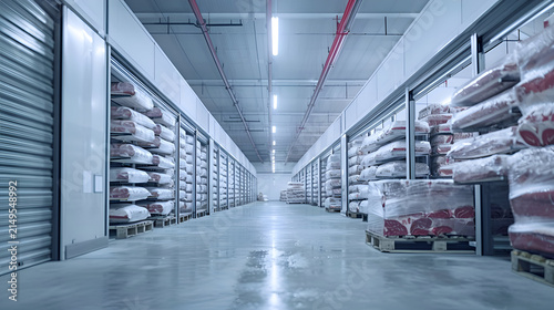 Industrial cold storage facility with frozen goods on pallets in large warehouse
