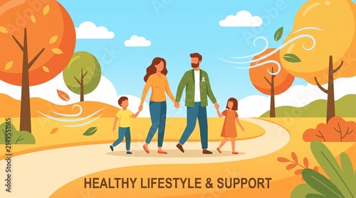 Happy family walking outdoors together in nature on a sunny day