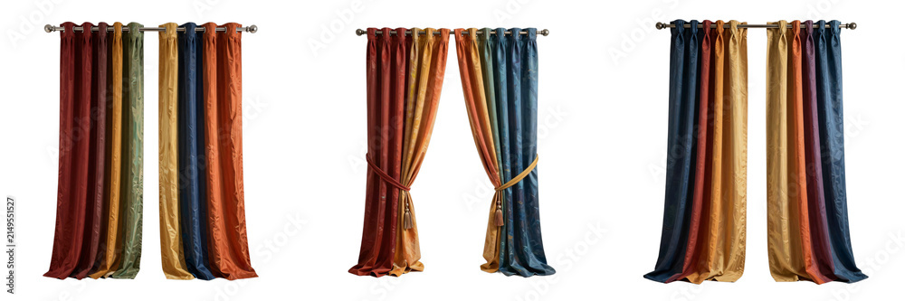 Obraz premium Colorful velvet curtains cascade from metal rods in three different presentations against black background