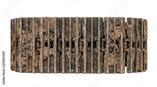 Fotografie Top view of a muddy vintage metal tank tread with soil