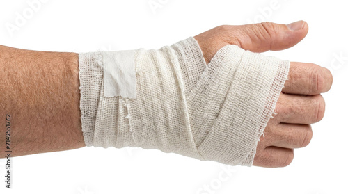 Konstfotografi Close-up of a hand with white gauze bandage for medical care concept