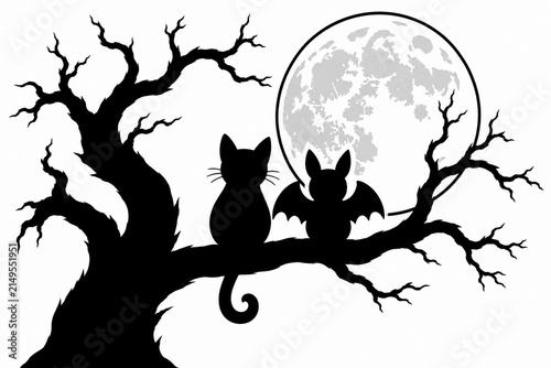 Black Cat and Halloween Bat Sitting in a Haunted Tree Under Full Moon Silhouette Illustration