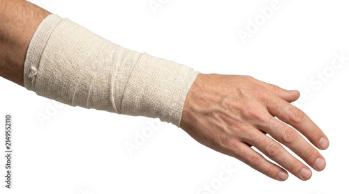 Close-up of bandaged arm: first aid and healthcare concept
