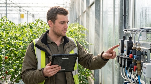 Young agricultural specialist using digital tablet to control smart systems in greenhouse