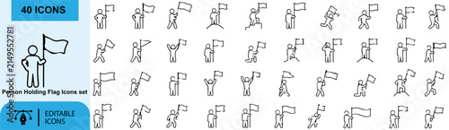 People Holding Flag Outline Icons Set – Achievement, Victory, Leadership, Goal, Success, Winner, Milestone and Flag Bearer Line Vector Collection