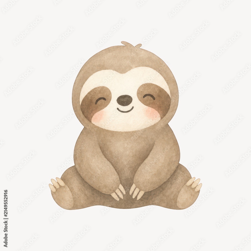 Obraz premium Cute watercolor sloth sitting smiling isolated on transparent background