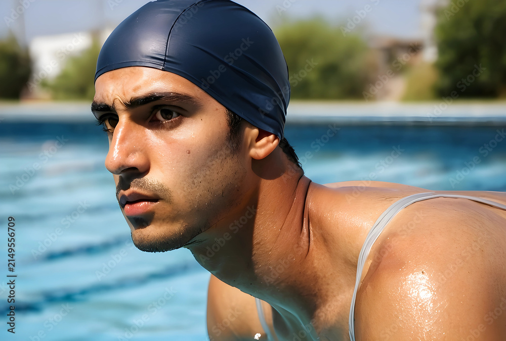 Fototapeta premium Young male swimmer wearing a dark blue swim cap in a swimming pool, focused and ready for competition