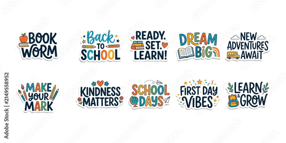 Fototapeta premium Set of colorful back to school themed stickers featuring educational quotes isolated on transparent background silhouette