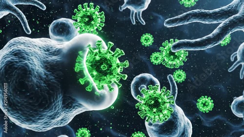 AI generated 4k video of white blood cells attacking green viruses under deep microscopic lighting.