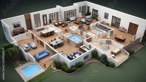 Luxury Modern House Architectural Floor Plan Cutaway View with Furnished Rooms, Outdoor Pool, and Landscaping 3D Render
