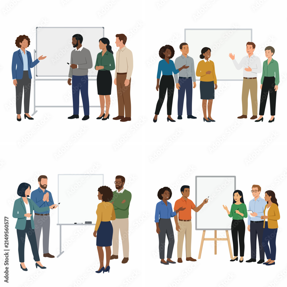 Obraz premium Flat vector illustration set of diverse business professionals in office meetings, presenting at whiteboards, brainstorming, and collaborating on corporate projects.