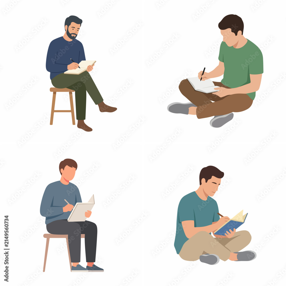 Obraz premium Set of men sitting and writing in notebooks flat vector illustration