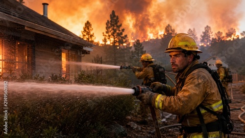 Feuerwehr schützt Haus vor Waldbrand – Einsatzkräfte bekämpfen Flammen mit Schläuchen in bedrohlicher Nähe zu Gebäuden, während dichter Rauch und Feuerfront den Himmel orange färben.