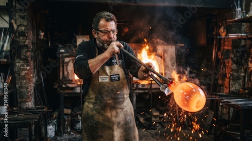 Professional glassblower working with glowing molten glass in furnace, craftsman