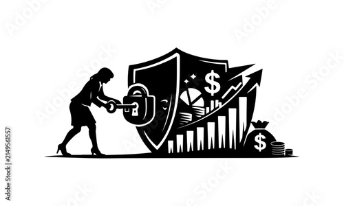 Businesswoman unlocking a shield 