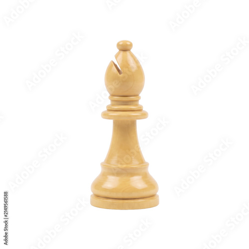 Cuadro en lienzo A single light wood bishop chess piece standing on a white background