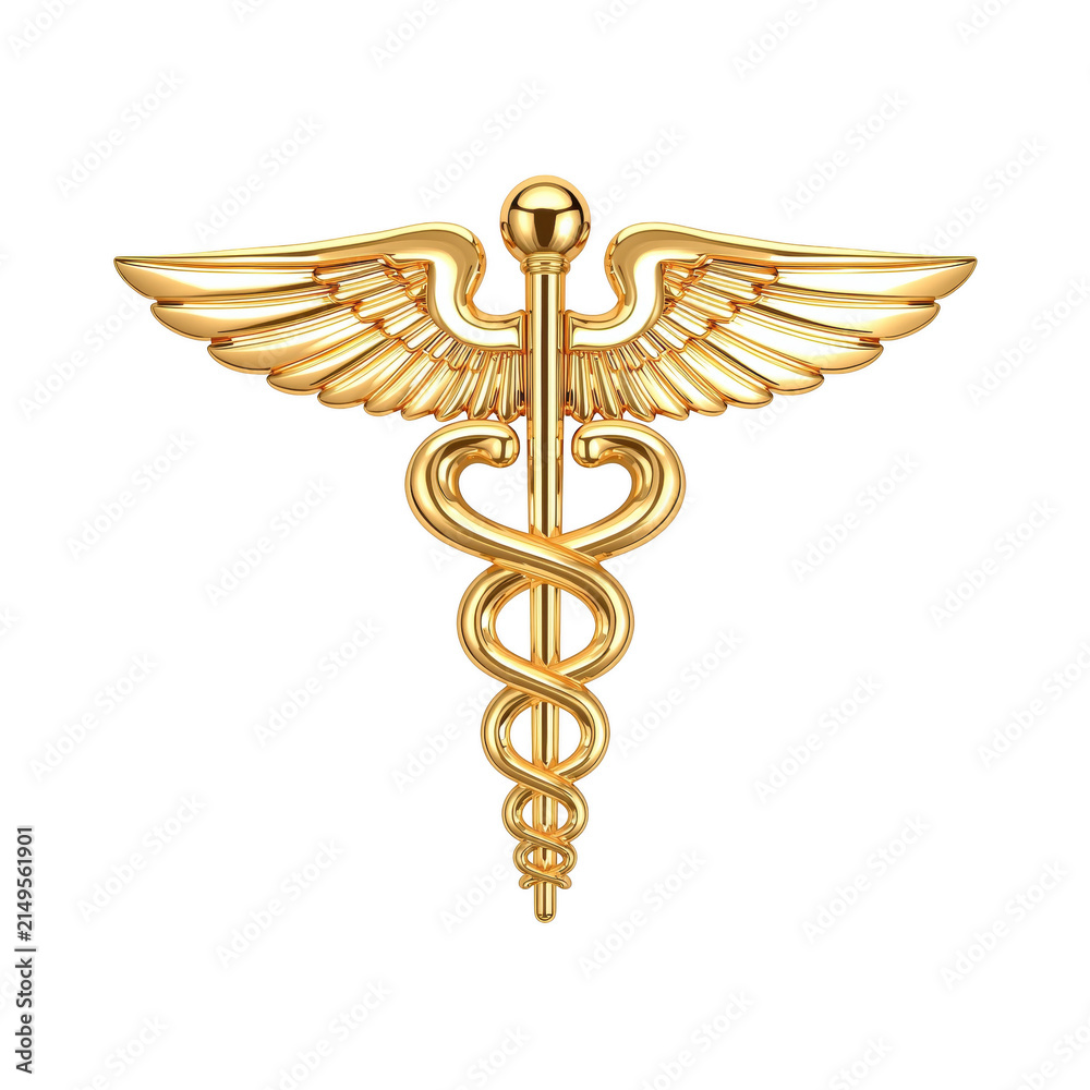 Obraz premium Golden caduceus medical symbol isolated on black background, representing healthcare and medicine isolated on a transparent background