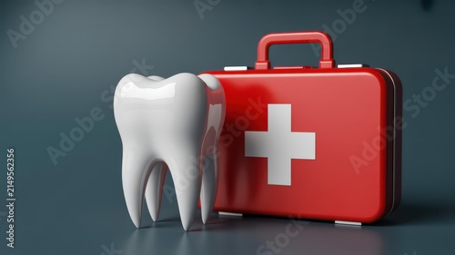 3d white tooth model and red dental first aid kit bag