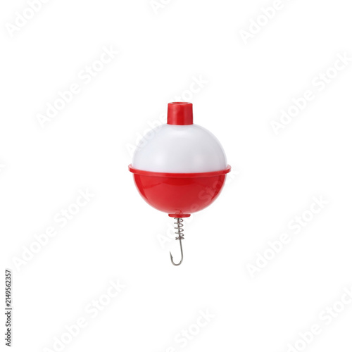 Fotografie Red and white fishing bobber with a hook and spring on a white background