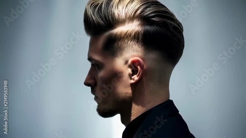 Man with trendy undercut hairstyle showing gradual fade and pompadour styling. Hair care and mens barber shop concept.