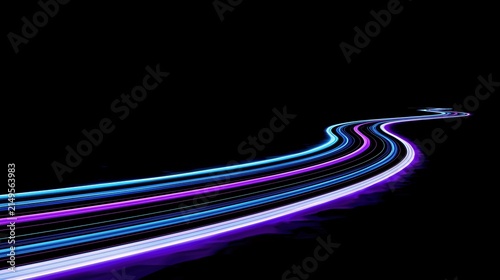 Abstract cyan purple and white light trails curving across black background for futuristic technology branding, posters, banners, and web design.

