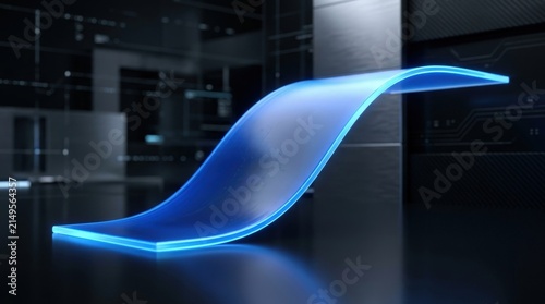 Flexible blue display panel curving in dark professional tech environment