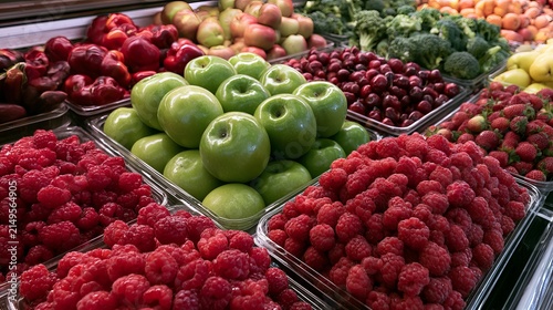 Assorted fresh produce display in clear plastic trays, vibrant colors, and textures at a market stall