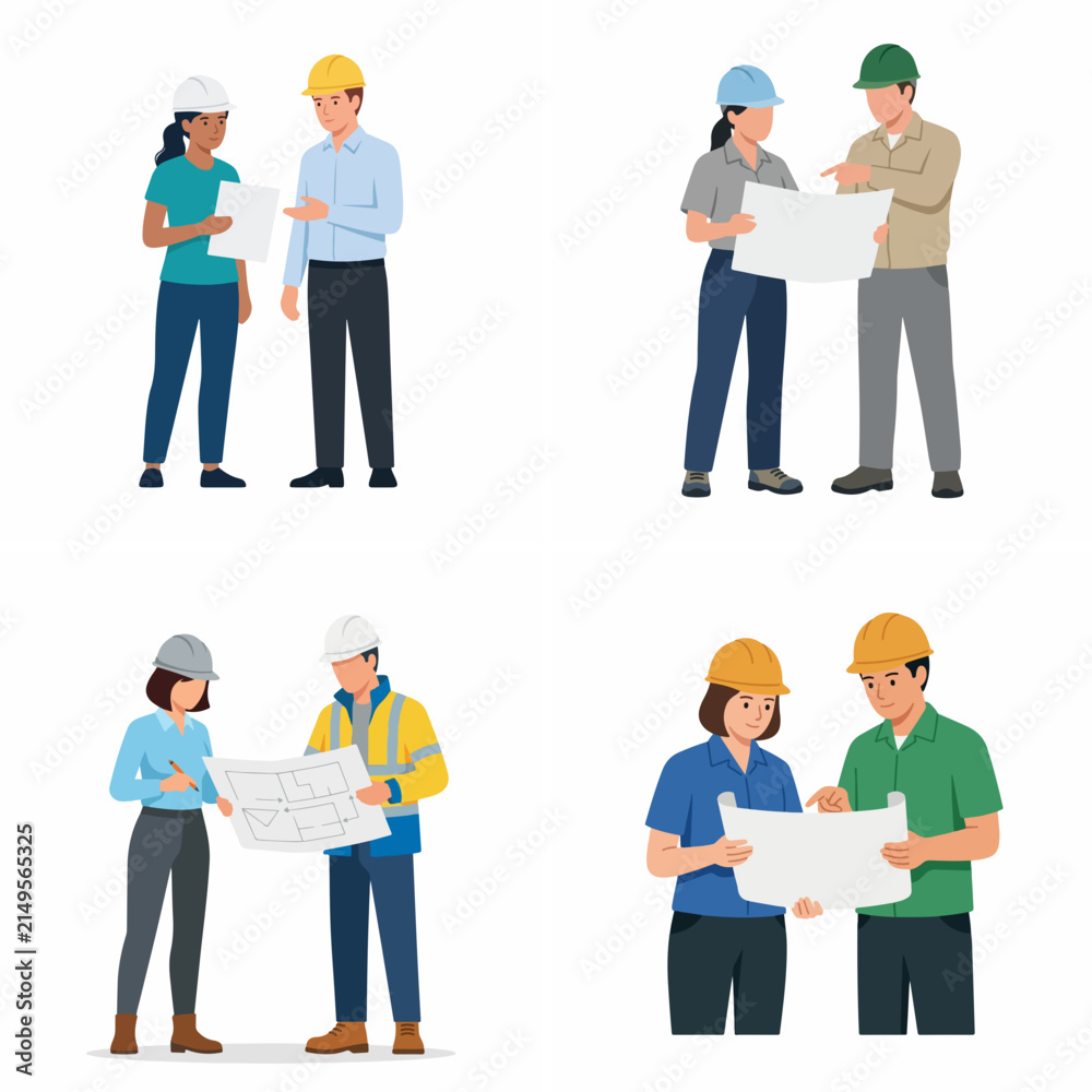Obraz premium Flat vector set of diverse engineers and construction workers discussing building blueprints.
